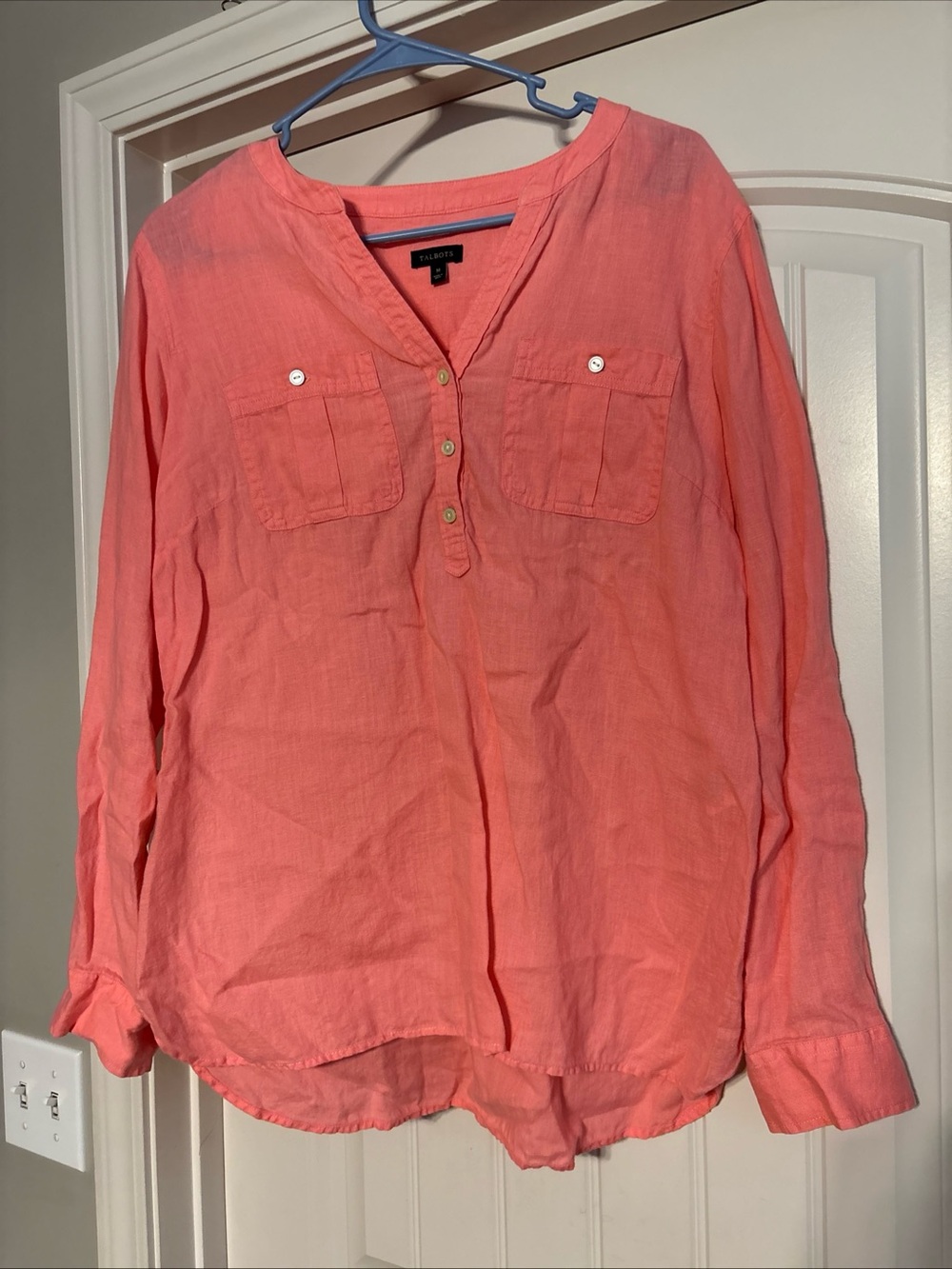 Talbots Coral Pink Linen Button Henley Top
